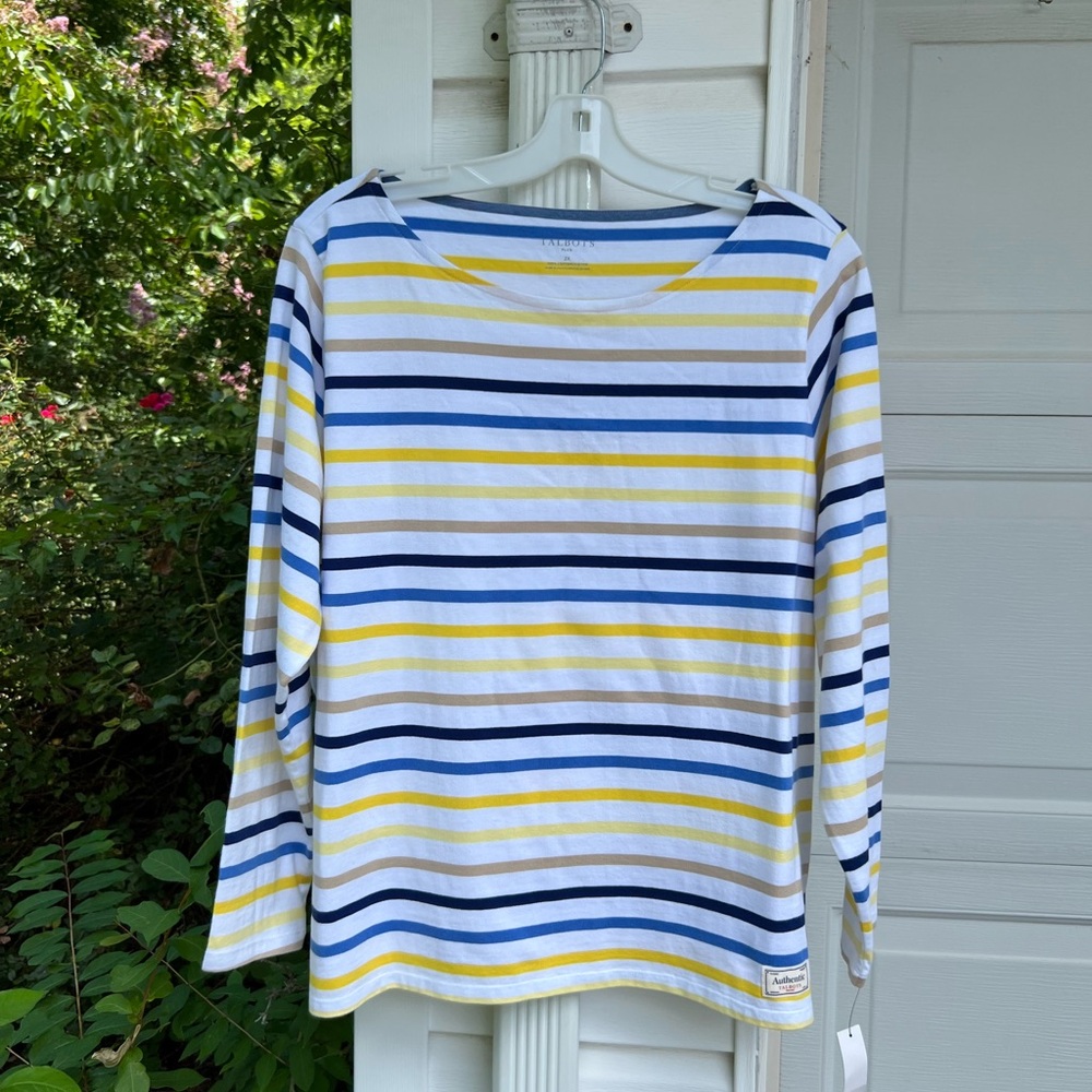 NWT Talbots Pretty White Blues Yellow Stripe Ballet Neck 100% Cotton Top